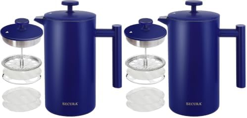 Secura French Press Coffee Maker, 304 Grade Stainless Steel Insulated Coffee Press with 2 Extra Screens, 34oz (1 Litre), Blue (Pack of 2)