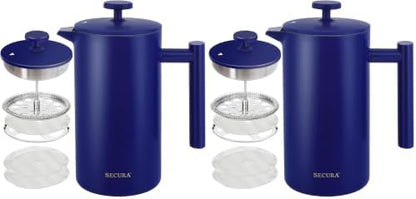 Secura French Press Coffee Maker, 304 Grade Stainless Steel Insulated Coffee Press with 2 Extra Screens, 34oz (1 Litre), Blue (Pack of 2)