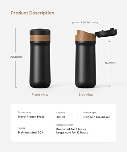 Portable French Press Coffee Maker Travel French Coffee Maker Stainless Steel Coffee Mug 12 oz Double Mesh Filter Great for Camping and Traveling