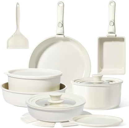 GIPP Pots and Pans Set Non Stick,Kitchen Cookware Set Detachable Handle, Non Toxic Cooking Pan Set with Frying Pans Set,RV Cookware Sets for All Stoves, Cream White, 17PCS