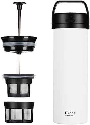 ESPRO Go P0 Ultralight French Press Coffee Maker for Travel, Vacuum Insulated Stainless Steel, 16 Ounces, Chalk White