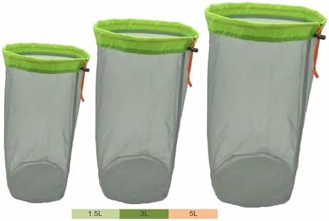 Alemon Ultralight Nylon Mesh Bags Stuff Sack Set of 3(1.5L, 3L, 5L),Ditty Sacks | Drawstring Storage Bag for Travelling Hiking