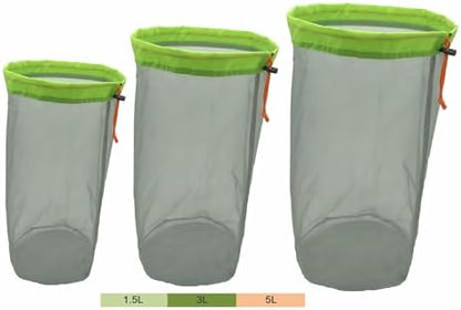 Alemon Ultralight Nylon Mesh Bags Stuff Sack Set of 3(1.5L, 3L, 5L),Ditty Sacks | Drawstring Storage Bag for Travelling Hiking