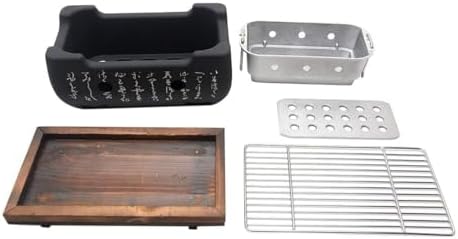 Japanese Hibachi Grill, Portable Tabletop Yakitori Charcoal Grill for Indoor Outdoor BBQ with Wooden Base & Cooking Grate 4.9x4.5x9.4in