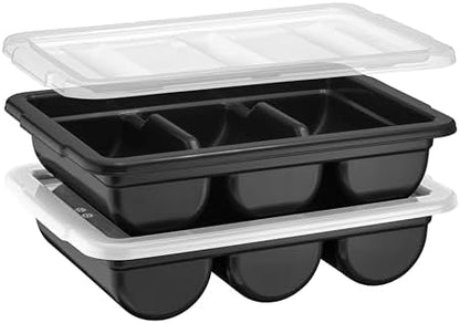 2 Pack - Cutlery Bin with Lid, Commercial 3-Compartment Flatware Tray with Cover, Silverware Divided Storage Plastic Container, Restaurant Condiments Holder, Covered Utensil Organizer Box, Black