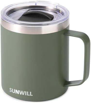 SUNWILL Travel Coffee Mug with Lid, Insulated Tumbler with Handle, 14 oz Stainless Steel Cup for Home, Office, Camping, Powder Coated Camp Green