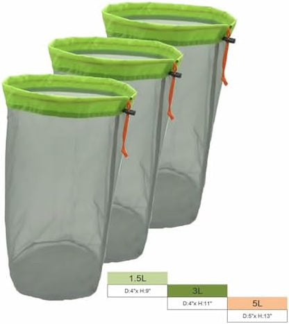 Alemon Ultralight Nylon Mesh Bags Stuff Sack Set of 3(1.5L, 3L, 5L),Ditty Sacks | Drawstring Storage Bag for Travelling Hiking