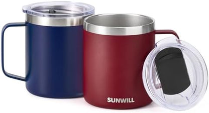 SUNWILL Travel Coffee Mug Set of 2, Insulated Tumbler with Lid, 14 oz Stainless Steel Cup with Handle for Camping, Office, Home, Powder Coated Navy Blue & Wine Red