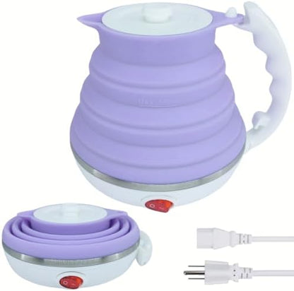Collapsible Travel Kettle, Portable Electric Kettle, Travel Tea Kettle, Portable Water Boiler, Food Grade Silicone, Auto Shut off and Keep Warm, 110V 555ml (Purple)