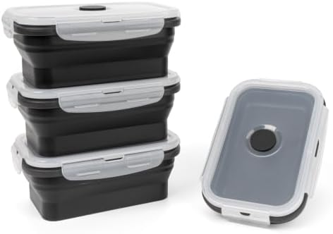Collapsible Silicone Food Storage Containers Set with Lid & Air Vent,Foldable Lunch Containers(4PCS,Black,17oz)