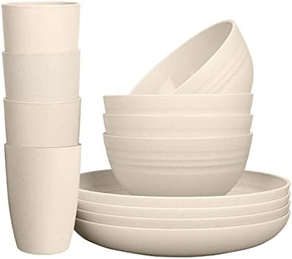 Wheat Straw Dinnerware Sets for 4 (Reusable Plates, Bowls & Cups) - Lightweight Unbreakable Dinner Camping Dishes - Dishwasher & Microwave Safe, Eco Friendly(12Pcs/Beige)