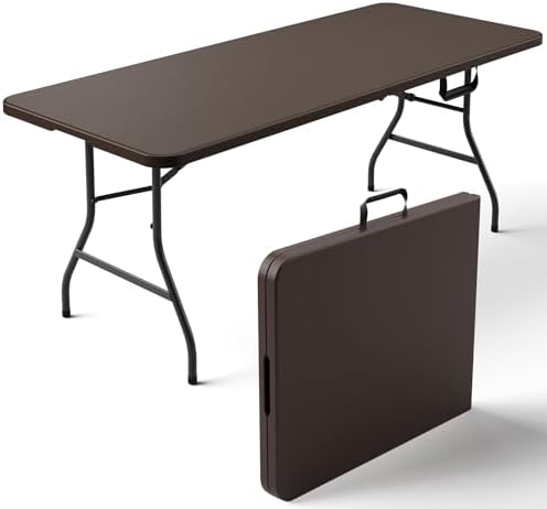 Folding Table 6FT Heavy Duty Plastic Table with Handle, Foldable&Portable, Fold-in-Half Utility Tables for Outdoor, Dining, Wedding, Events, Indoor, Picnic, Camping, Party,Brown