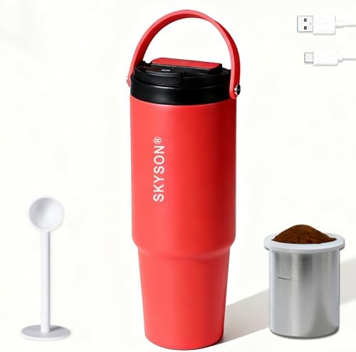 minkah Fast Extraction Mini Electric Coffee Maker - Portable Filter Coffee Brewer for Travel,Insulated Stainless Steel Tumbler,30 oz Reusable Iced Coffee Cup Machine,Hot Coffee Mug with Lid(Red)