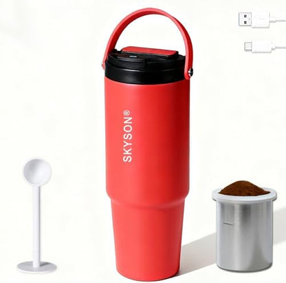 minkah Fast Extraction Mini Electric Coffee Maker - Portable Filter Coffee Brewer for Travel,Insulated Stainless Steel Tumbler,30 oz Reusable Iced Coffee Cup Machine,Hot Coffee Mug with Lid(Red)