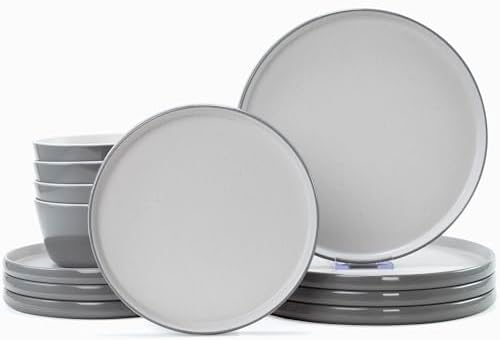 Melamine Dinnerware Sets, Dishware Sets for 4, Light Grey,White