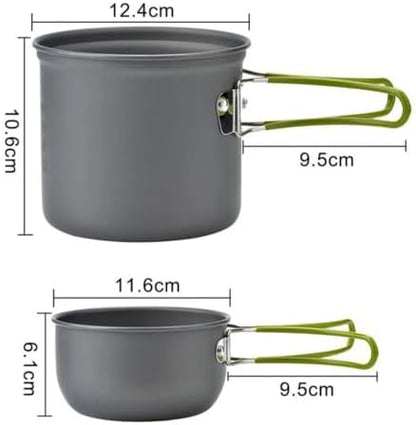 Peidesi Camping Cookware Mess Kit, Portable Camp Stove Pots and Pans Set, Carabiner, Folding Knife, Fork Spoon Kit, Carry Mesh Bag, for Backpacking