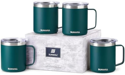 SUNWILL Travel Coffee Mugs Set of 4, Insulated Cup with Lid, 14oz Stainless Steel Tumbler with Handle Bulk for Gift, Camping, Office, Powder Coated Deep Green