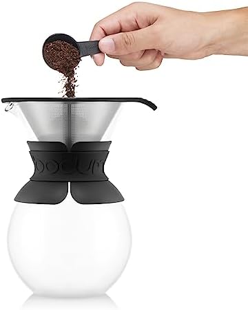 Bodum 34oz Pour Over Coffee Maker, High-Heat Borosilicate Glass with Reusable Stainless Steel Filter and Black Band Grip - Made in Portugal