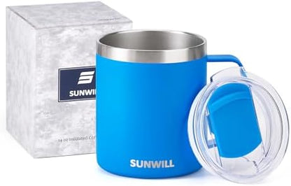 SUNWILL Insulated Coffee Mug, Stainless Steel 14 oz, Splash-Proof Lid