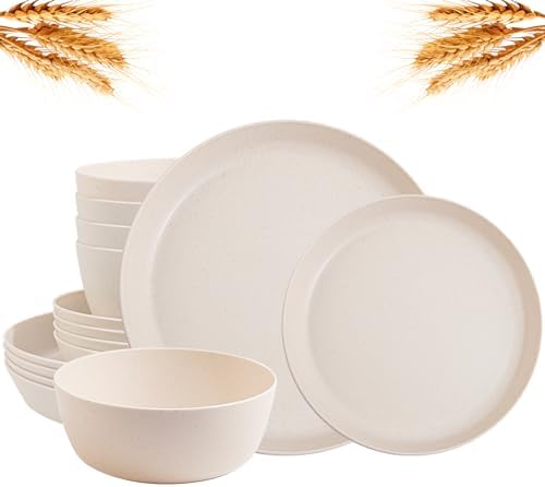 EjonirInjonir 12pcs Unbreakable Beige Wheat Straw Dinnerware Sets RV Dining