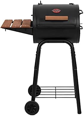 Char-Griller® Patio Pro Charcoal Grill and Smoker with Cast Iron Grates, Premium Wood Shelf and Damper Control, 250 Cooking Square Inches in Black, Model E1515