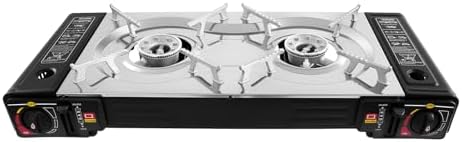 2 Burners Camping Stove, 2500W Butane or Gas Portable Camping Burner with Baking Pan & Carrying Case for Outdoor Cooking