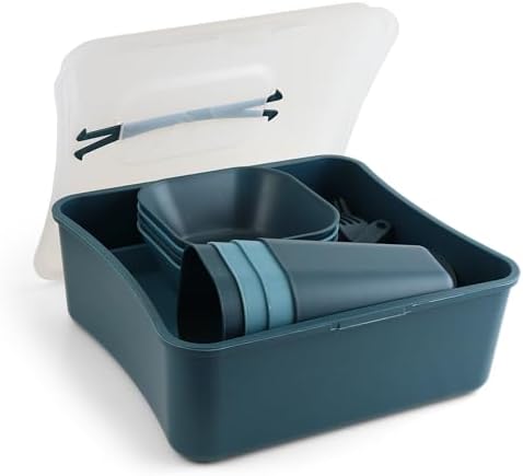 Coghlan's 4-Person Tableware Set for Camping and Outdoor Dining - Durable, Lightweight, Dishwasher Safe, Reusable, Includes Plates, Cups, Bowls, Cutlery in Portable Storage Container with Carry Handle