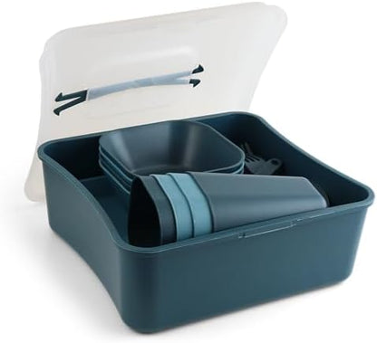 Coghlan's 4-Person Tableware Set for Camping and Outdoor Dining - Durable, Lightweight, Dishwasher Safe, Reusable, Includes Plates, Cups, Bowls, Cutlery in Portable Storage Container with Carry Handle