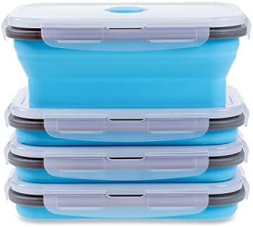 Collapsible Food Storage Containers with Airtight Lid & Vent Valve, 27 oz, Annaklin Kitchen Stacking Silicone Collapsible Meal Prep Container Set for Leftover, Microwave Freezer Safe, Blue, Set of 4