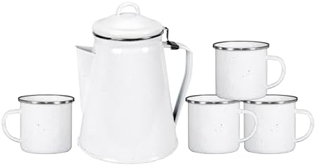 Stansport Enamel Percolator Coffee Pot & 4 Mug Set (11230-03), White