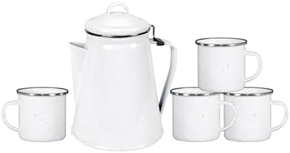 Stansport Enamel Percolator Coffee Pot & 4 Mug Set (11230-03), White