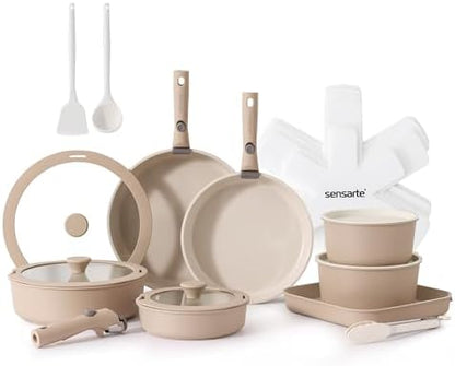 SENSARTE 24 Piece Ceramic Detachable Handle Pots and Pans Set Almond Beige