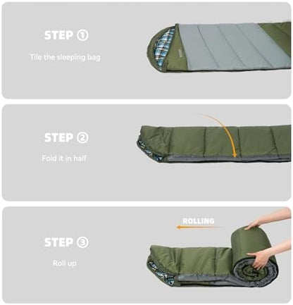 Cotton Flannel Lined Sleeping Bag for Adults Teens Kids, Cold Weather & Warm, 3 Seasons, Lightweight Compact Camping Essentials Equipment, Hiking, Outdoor, Travel