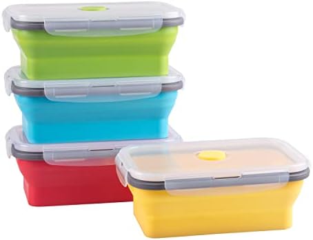Collapsible Food Storage Containers with Airtight Lid, 27 oz, Kitchen Stacking Silicone Collapsible Meal Prep Container Set for Leftover, Microwave Freezer Dishwasher Safe, 4 Colors, Set of 4