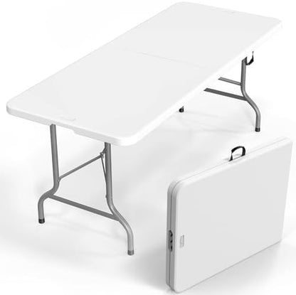 VINGLI 8 Foot Plastic Folding Table Portable Long Table for Indoor Outdoor Use Rectangular with Carrying Handle，White