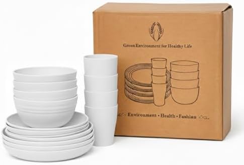 Wheat Straw Dinnerware Set for 4, 16PCS Unbreakable Plates Bowls Cups, Microwave & Dishwasher Safe Plastic Dishes, Lightweight Reusable Dinnerware for Kitchen, Camping, RV & Dorm (White)