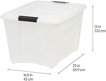 IRIS USA 54 QT Plastic Storage Box with Lid and Latches - 4 Pack - BPA-Free, Discreet Organizing Solution, Durable Nestable Stackable Containers, Secure Pull Handle - Pearl