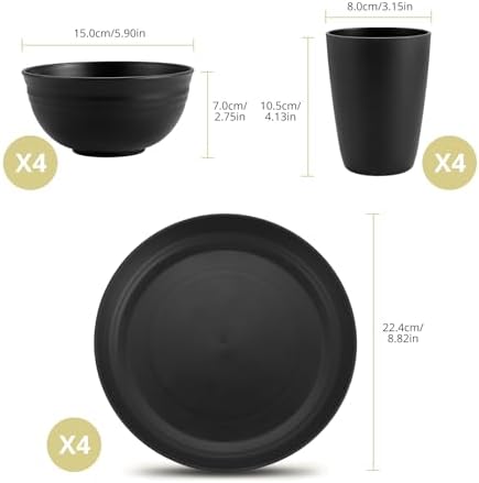 Anbte 12pcs Plastic Camping Plates and Bowls Sets for 4, Unbreakable, Black