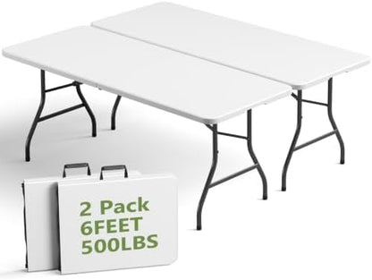Folding Table, 6FT Portable Fold-in-Half Plastic Picnic Table, Heavy Duty Foldable Table with Carrying Handle, Ideal for Party, Camping, Craft, Dining, Wedding, Outdoor and Indoor Use, 2 Pack