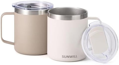 SUNWILL Travel Coffee Mug Set of 2, 14 oz Insulated Stainless Steel
