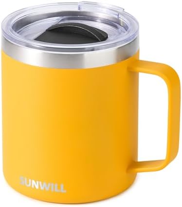SUNWILL Insulated Coffee Mug with Lid, Travel Tumbler with Handle, 14 oz Stainless Steel Cup for Camping, Office, Home, Powder Coated Yellow