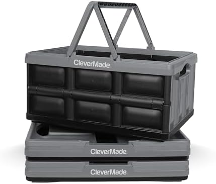 CleverMade Collapsible Shopping Basket, 32L Storage Crate, 3 Pack, Stone