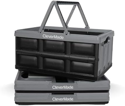 CleverMade Collapsible Shopping Basket, 32L Storage Crate, 3 Pack, Stone