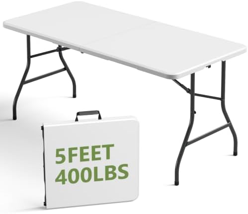 Folding Table, 5FT Portable Fold-in-Half Plastic Picnic Table, Heavy Duty Foldable Table with Carrying Handle, Ideal for Party, Camping, Craft, Dining, Wedding, Outdoor and Indoor Use