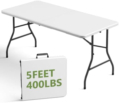 Folding Table, 5FT Portable Fold-in-Half Plastic Picnic Table, Heavy Duty Foldable Table with Carrying Handle, Ideal for Party, Camping, Craft, Dining, Wedding, Outdoor and Indoor Use