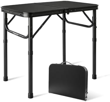 Folding Camping Table, Black Aluminum Frame,2-Position Adjustable Height,Lightweight Carry Handle, Portable for Travel, Camping Outdoor Use, 2 Ft x 1.5 Ft(Small), Black