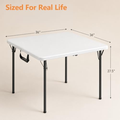 36" Folding Table, Portable Square Folding Card Table with Carrying Handle, Heavy Duty Plastic Foldable Event Table for Camping, Picnic, Party, Crafting, Outdoor and Indoor Use, White