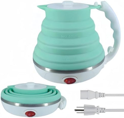 Travel Kettle, Portable Electric Kettle, Collapsible Tea Kettle Travel, Hot Water Boiler Electric, Food Grade Silicone, Auto Shut off and Keep Warm, 110V 555ml Green