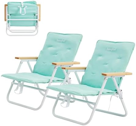 SUNNYFEEL Foldable Beach Chair, Beach Chair Backup with Wood Armrest & Cushion, Lightweight Camping Chair Heavy Duty for Beach, Camping, Lawn, Outdoor, Mint Green, 2 p