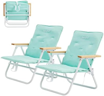 SUNNYFEEL Foldable Beach Chair, Beach Chair Backup with Wood Armrest & Cushion, Lightweight Camping Chair Heavy Duty for Beach, Camping, Lawn, Outdoor, Mint Green, 2 p